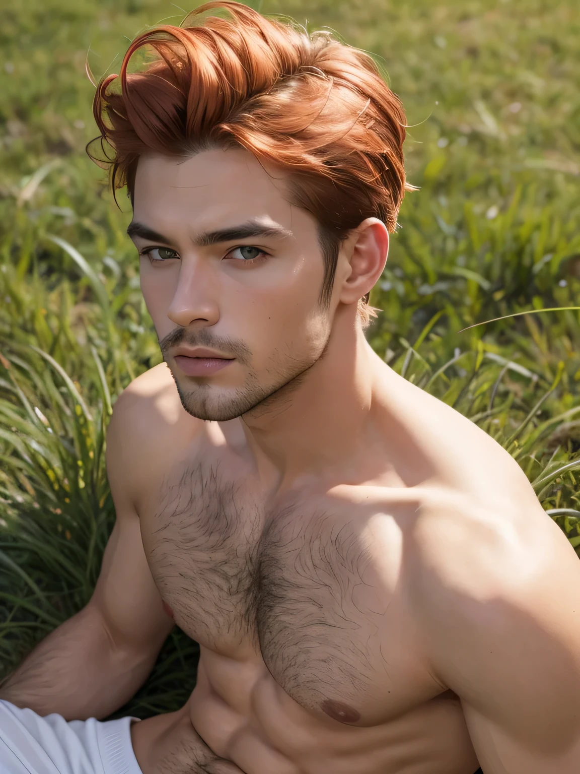 Men, orange short hair, shirtless, ultra detailed, portrait, grass