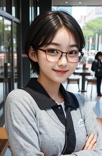 Student Cafeteria,{Glasses},High school girls,japanese,female,noon,{perfection},cute,{Thick eyebrows},{shorthair},little smile,many people 