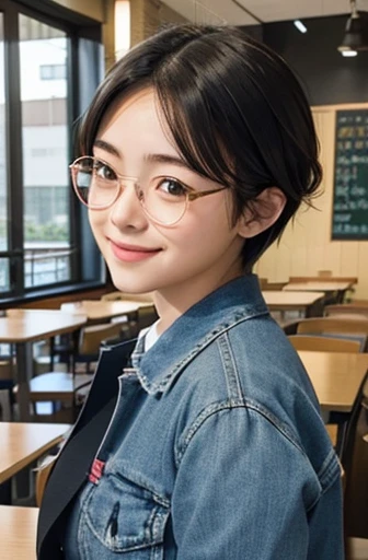 Student Cafeteria,{Glasses},High school girls,japanese,female,noon,{perfection},cute,{Thick eyebrows},{shorthair},little smile,many people 