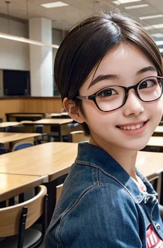 Student Cafeteria,{Glasses},High school girls,japanese,female,noon,{perfection},cute,{Thick eyebrows},{shorthair},little smile,many people 