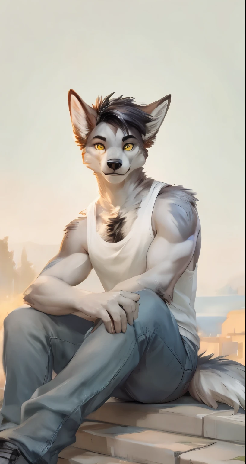 ((by Chunie):1.5, (by darkgem, by overcyan):0.5), fluffy fur, yellow eyes, handsome, muscular, (detailed eyes):1.2, male, canine, pants, tank top, chest tuft, arm tuft