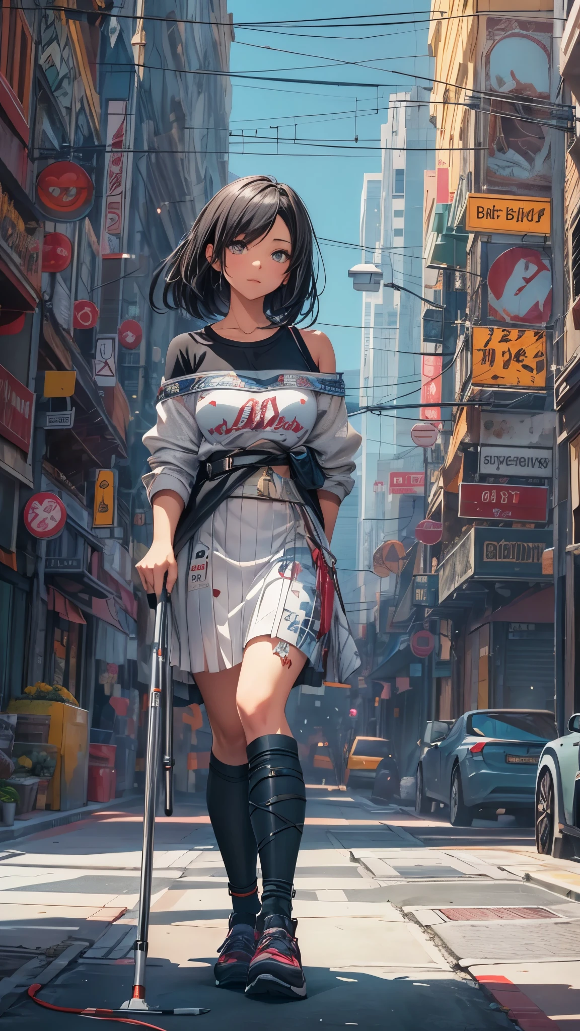 (Super detailed, realistic), streets scene, [Moderately:Oil], [Professional:1.1], [Physically based rendering], [bright colors], [sharp focus], [studio lighting], [extreme details], [highest quality,4k,8K,High resolution,masterpiece:1.2],(detailed face),outside the streets,((One 18-year-old woman)),(short black hair),(dark), [nervous eyes],(casual ladies fashion,off shoulder,maxi length skirt,socks,pamps),(she walks on crutches)