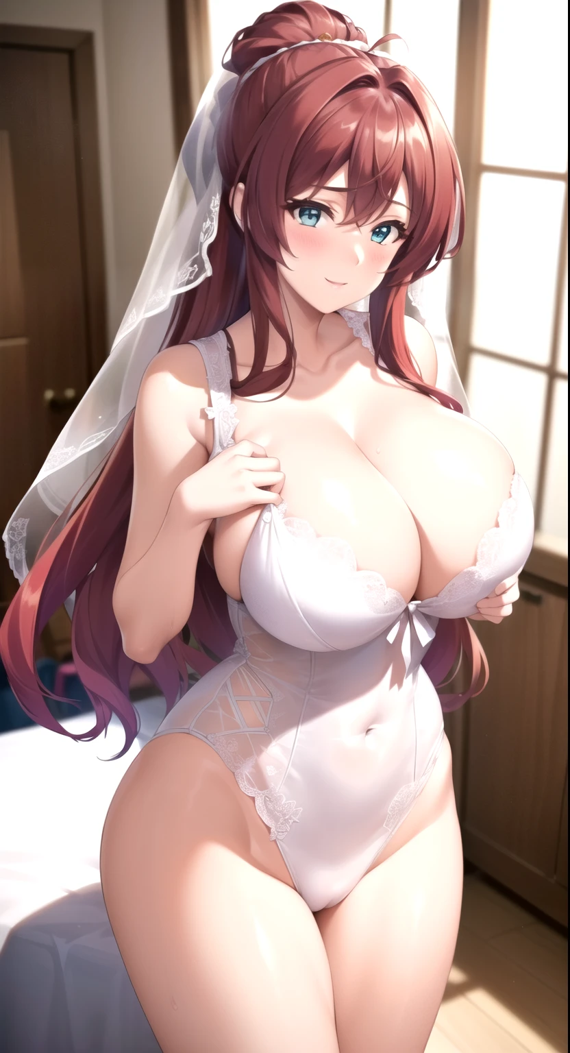 1 girl,20 years old, red hair, Wedding dress,large Chest, Young women,Fair Finger,Fair long legs,Fair Body,Fair Nose,Fair character design, Perfect eyes, perfect Face,expressive eyes, looking at the audience,(leading_Body),(Focus on her Face), Official Art,Extremely detailed CG unity 8k wallpaper, Perfect Lighting,rich and colorful, bright_front_Face_Light,發Light的皮膚, (masterpiece:1.0),(the best_quality:1.0), Ultra-high resolution,4k,Super detailed, photography, 8K, HDR, high resolution, absurd:1.2, Kodak Portrait 400, Film Grain, Blurred background, Bokeh:1.2, 鏡頭Light暈, (Full of energy_color:1.2) (Fair,Big goals_Chest:1.4), (Fair_Face:1.5),(narrow_waist),Wedding dress, Wedding dress, bride,bride, veil, smile, happy