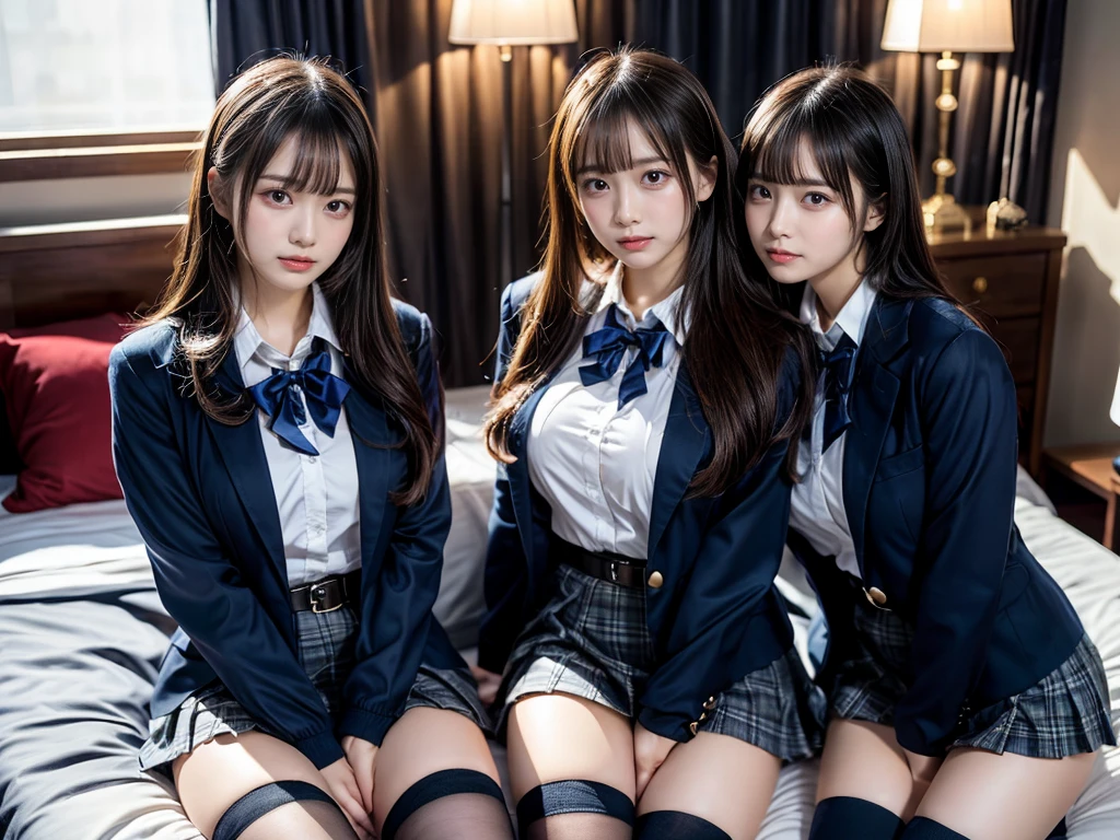 (8K, Raw photography, top-quality, masterpiece:1.2), master piece, best quality, illustration, Super detailed, fine details, High resolution, 8K,wall paper, perfect dynamic composition,(Details High quality, realistic depiction of eyes:1.3), ((2 girls, 2 schoolgirls)), The background is a luxury hotel room、High school girl uniform、blazer 、Super Short Check Uniform Skirt、Navy blue high socks、garterbelts、Colossal tits、Disturbed uniform, Play with each other,Touching each other's bodies,Touching the body of the girl next door, short bob hair, black hair color, huge breasts, Big Natural Color Lip, bold sexy pose, (perfect body shape), crying a little、cold gaze, Beautiful makeup,glitter makeup,Cutest 18 years old, beautiful legs, hposing Gravure Idol, Voluptuous thighs