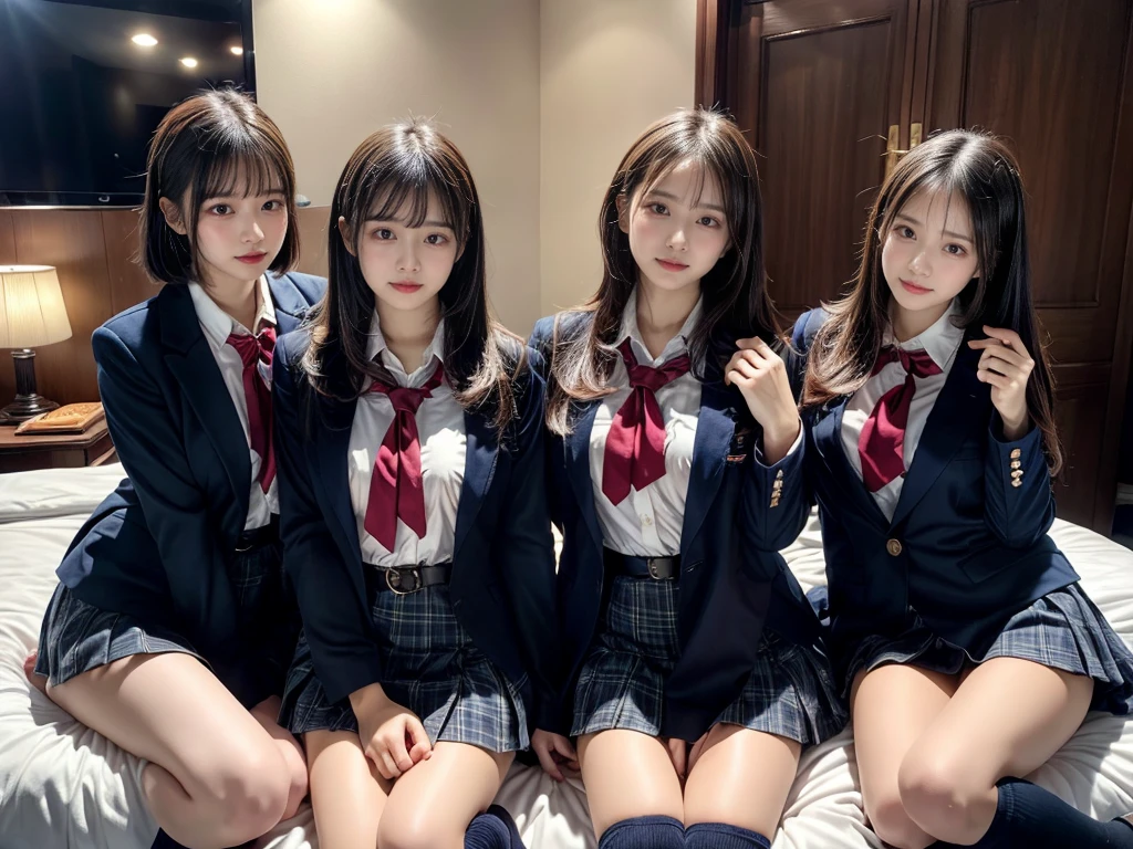 (8K, Raw photography, top-quality, masterpiece:1.2), master piece, best quality, illustration, Super detailed, fine details, High resolution, 8K,wall paper, perfect dynamic composition,(Details High quality, realistic depiction of eyes:1.3), ((2 girls, 2 schoolgirls)), The background is a luxury hotel room、High school girl uniform、blazer 、Super Short Check Uniform Skirt、Navy blue high socks、garterbelts、Colossal tits、Disturbed uniform, Play with each other,Touching each other's bodies,Touching the body of the girl next door, short bob hair, black hair color, huge breasts, Big Natural Color Lip, bold sexy pose, (perfect body shape), crying a little、cold gaze, Beautiful makeup,glitter makeup,Cutest 18 years old, beautiful legs, hposing Gravure Idol, Voluptuous thighs