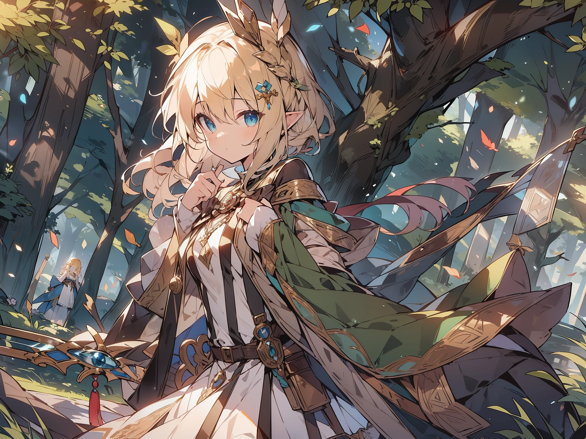 (masterpiece:1.2),(anime),(Medieval Background),Blonde、Elf、Rogue Outfit、((Shoot a bow))、in the forest、((Fantasy))、(18-year-old)