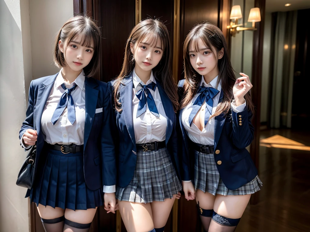 (8K, Raw photography, top-quality, ​masterpiece:1.2), master piece, best quality, illustration, Super detailed, fine details, High resolution, 8K,wall paper, perfect dynamic composition,(Details High quality, realistic depiction of eyes:1.3), ((2 girls, 2 schoolgirls)), The background is a luxury hotel room、High school girl uniform、blazer 、Super Short Check Uniform Skirt、Navy blue high socks、garterbelts、Colossal tits、Disturbed uniform, Play with each other,Touching each other's bodies,Touching the body of the girl next door, short bob hair, black hair color, huge breasts, Big Natural Color Lip, bold sexy pose, (perfect body shape), crying a little、cold gaze,  Beautiful makeup,glitter makeup,Cutest 18 years old, beautiful legs, hposing Gravure Idol, Voluptuous thighs