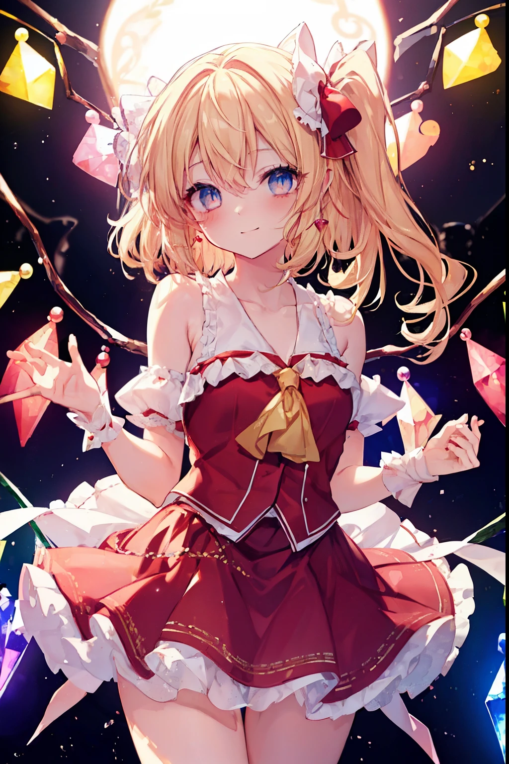 flandre_scarlet、blush,smile、Blonde、Primary school students、The back is very small、****ta、Small breasts、Please show me your armpits、exterior: ************、Shoulder Bare、The clavicle is visible、Sexy thighs、Beautiful legs、Usual hairstyle、highest quality, High resolution, unity 8k wallpaper, (shape:0.8), (Beautiful and beautiful eyes:1.6), Highly detailed face, Perfect lighting, Highly detailed CG, (Perfect hands, Perfect Anatomy),