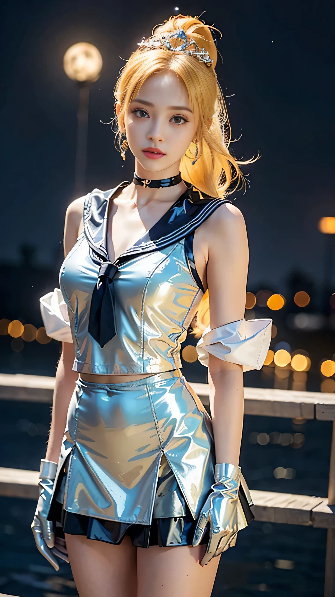 ((masterpiece:1.4)、(highest quality:1.4)、(Realistic:1.7))、Masterpiece:1.4、(Top-notch rendering:1.4)、beautiful girl、(Beautiful girl Sailor Moon 2:1.7)、MoonWild Rabbit、(Body Fit Sexy Sailor Warrior Uniform:1.4)、(Shiny latex:1.7)、(The jacket is a white sleeveless sailor suit....:1.4)、(Skirt Blue Sexy Ultra Ultra Pleated Mini Skirt:1.4)、The sailor suit collar has two thin blue lines...............:1.2、High leg swimsuit、Red cloth decoration on chest:1.2、(Wearing white gloves)、Cute Girl、Super Beauty、Sharp Focus、Portrait Photography:1.4、8k、Photorealistic images:1.4、(Perfect female body:1.4)、Perfect proportions、(Upper body shot:1.4)、Beautiful Face、Beautiful Eyes、(Narrow waist:1.4)、(9-body proportions beautiful girl:1.4)、(A beautiful girl with long legs and a good figure:1.4)、Beautiful feet:1.2、(Yellow Hair:1.4)、(Long Hair:1.2)、(ponytail:1.2)、Beautiful breasts、Large Breasts:1.2、sexy ass、Raw photo、Red lips、Red high heels:1.4、choker:1.4、necklace:1.4、Earrings:1.4、Gorgeous golden tiara:1.4、1 Screen Display:1.4、moon、universe、spaceship、Universe Station、City of the Future
