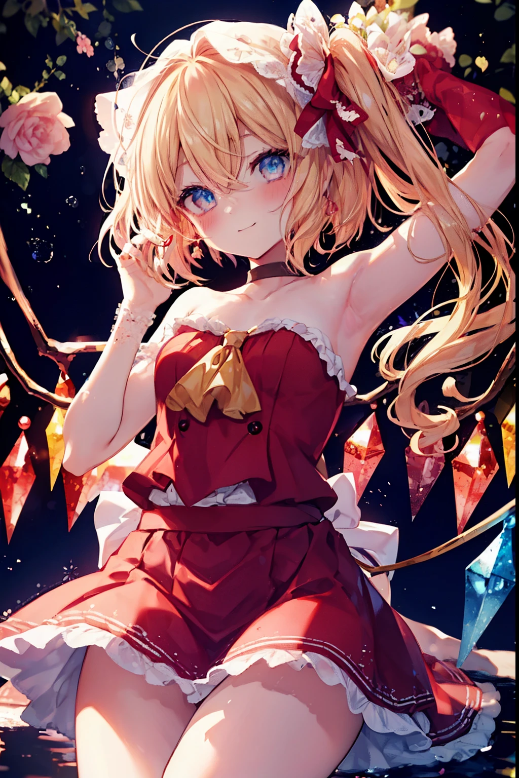 flandre_scarlet、blush,smile、Blonde、Half Bob Hair、、The back is very small、Lolita、Small breasts、Please show me your armpits、exterior: 14 years old、Shoulder Bicle is visible、Sexy thighs、Beautiful legs、Usual hairstyle、highest quality, High resolution, unity 8k wallpaper, (shape:0.8), (Beautiful and beautiful eyes:1.6), Highly detailed face, Perfect lighting, Highly detailed CG, (Perfect hands, Perfect Anatomy),