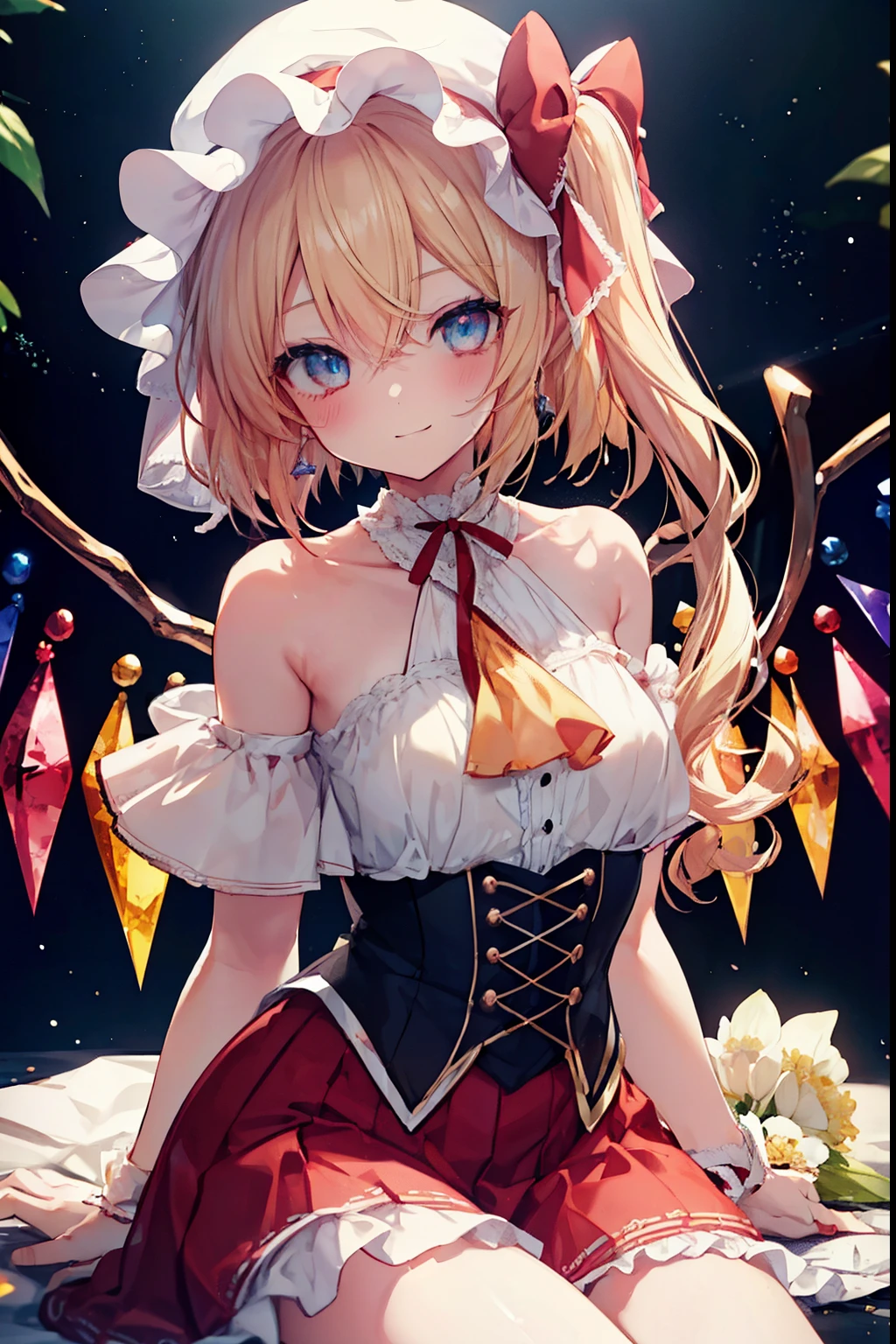 flandre_scarlet、blush,smile、Blonde、Half Bob Hair、Primary school students、The back is very small、****ta、Small breasts、Please show me your armpits、exterior: ************、Shoulder Bare、The clavicle is visible、Sexy thighs、Beautiful legs、Usual hairstyle、highest quality, High resolution, unity 8k wallpaper, (shape:0.8), (Beautiful and beautiful eyes:1.6), Highly detailed face, Perfect lighting, Highly detailed CG, (Perfect hands, Perfect Anatomy),