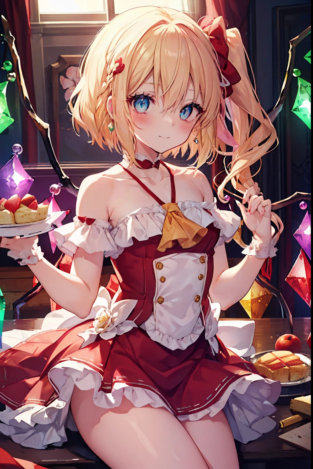 flandre_scarlet、blush,smile、Blonde、Half Bob Hair、、The back is very small、Lolita、Small breasts、Please show me your armpits、exterior: 14 years old、Shoulder Bicle is visible、Sexy thighs、Beautiful legs、Usual hairstyle、highest quality, High resolution, unity 8k wallpaper, (shape:0.8), (Beautiful and beautiful eyes:1.6), Highly detailed face, Perfect lighting, Highly detailed CG, (Perfect hands, Perfect Anatomy),