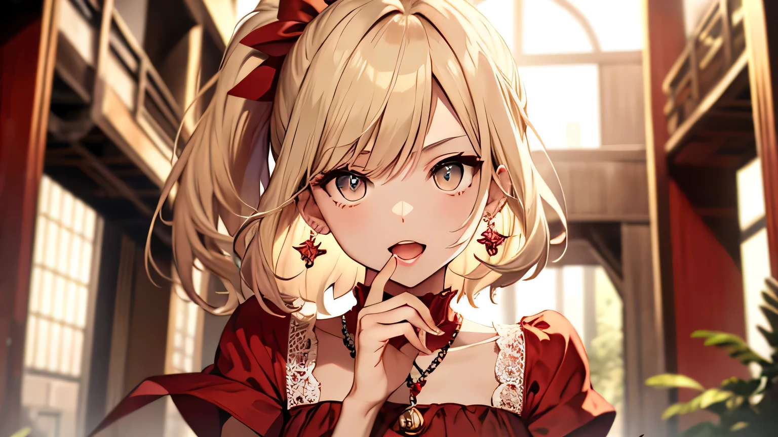 ((highest quality)), ((masterpiece)), (detailed), Perfect Face、Surprised、Eyes Wide Open、Put your hand over your open mouth、blonde、Smooth Hair、ponytail、Earrings、necklace、Red dress、