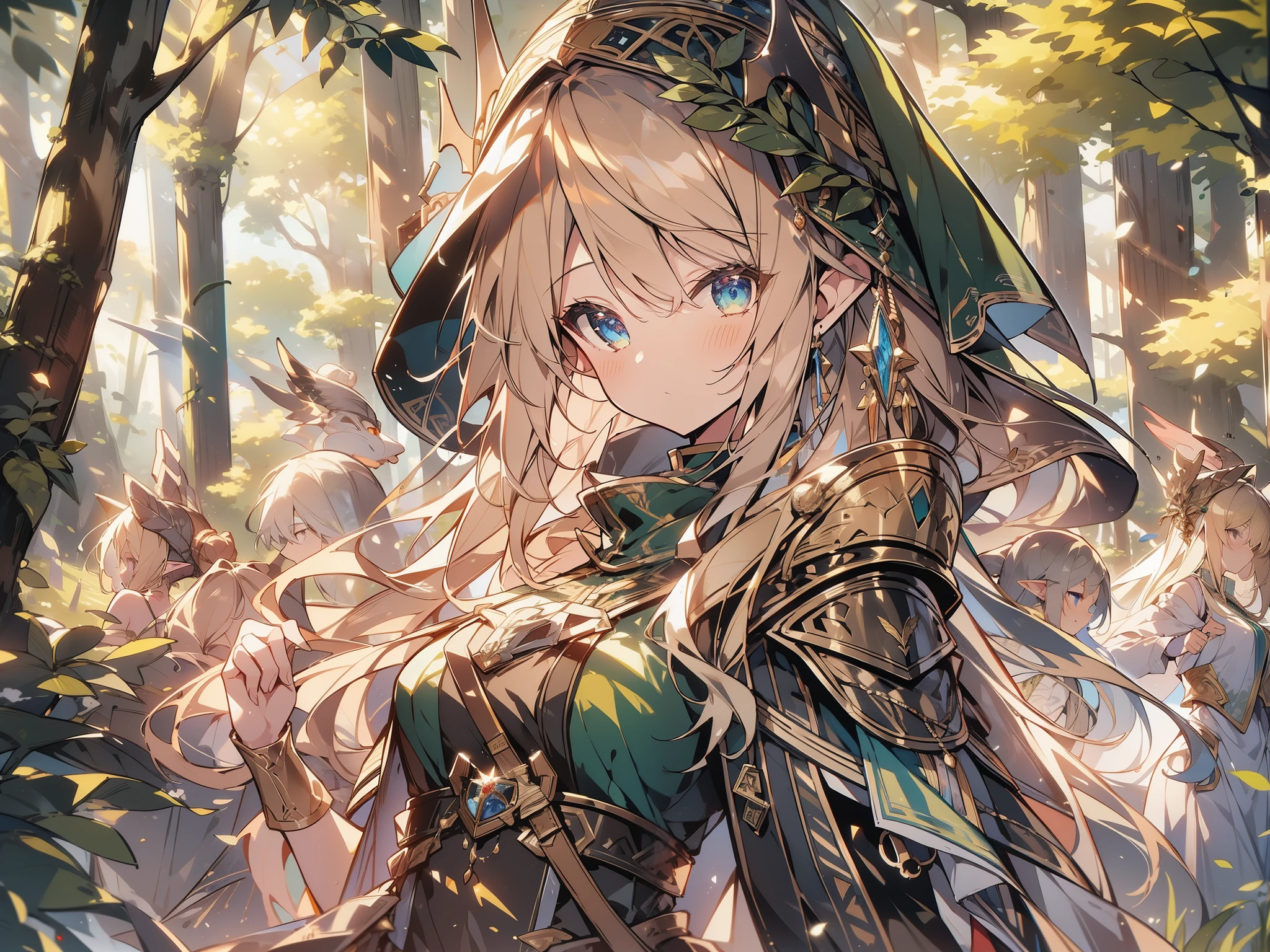 (masterpiece:1.2),(anime),(Medieval Background),Blonde、Elf、Rogue Outfit、(Archer)、in the forest、((Fantasy)),Fantasy