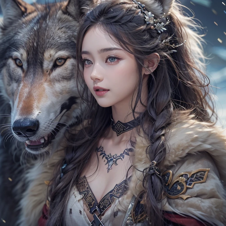 On a lake surrounded by snowy mountains、Hair flow、 ((highest quality、masterpiece、8k、Best image quality、Ultra-high resolution、Award-winning works)、(Accurate anatomy:1.1)、(Look at me and smile:1.1)、Shining fair skin with Ultra-high resolution、The most detailed face、Ultra-high resolution detailed face、Ultra-high resolutionの髪の毛、(Ultra-high resolutionの煌めく瞳:1.1)、Beautiful face drawn in every detail、Ancient Viking clothing, Chest to chest, tattoo, A real wolf is by your side
