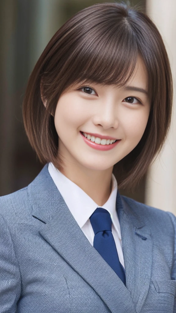 She is wearing a navy blue business suit.She looks young.Her hair is very short.Big Smile