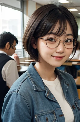 student cafeteria,{glasses},high school girls,japanese,female,noon,{perfection},cute,{thick eyebrows},{shorthair},little smile,{...