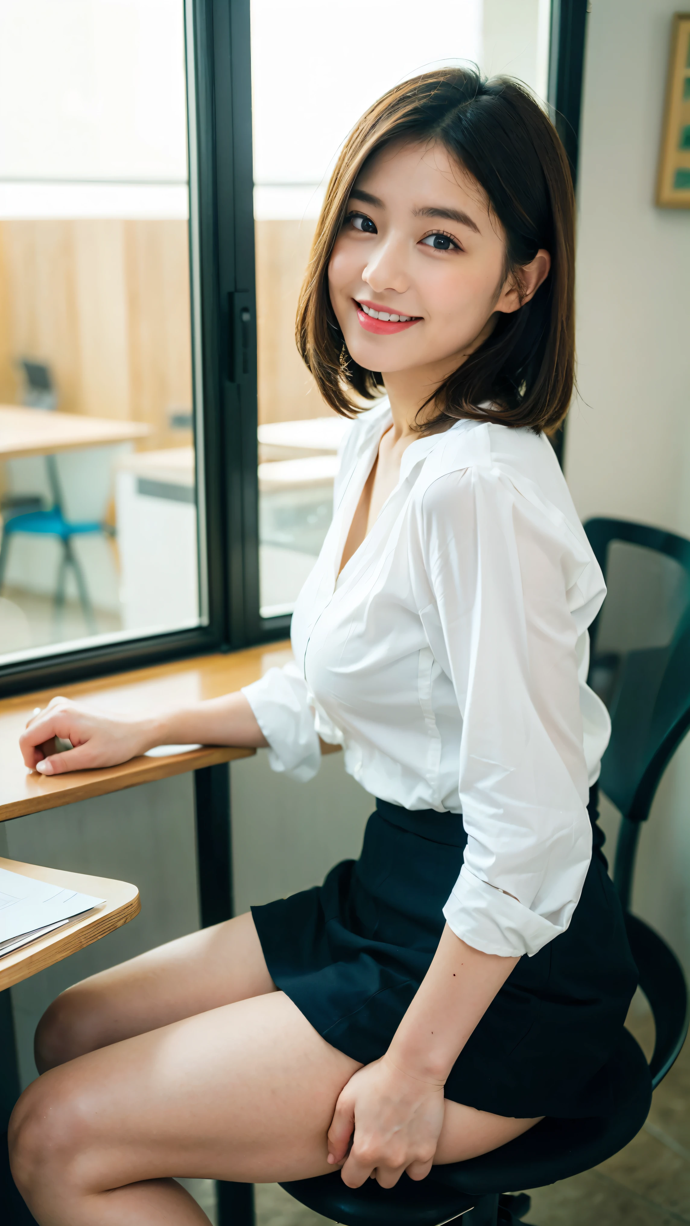 (masterpiece:1.3), (8k, Realistic, Raw photo, highest quality: 1.4), (Real Skin), Beautiful Skin, Charm, Ultra High Resolution, Small breasts:1.5、Smiling face:1.5、Beautiful OL:1.5、office:1.5、short hair:1.5、blouse:1.5、Side angle:1.5、Sitting in a chair:1.5、Tight Skirt:1.5、Panty shot