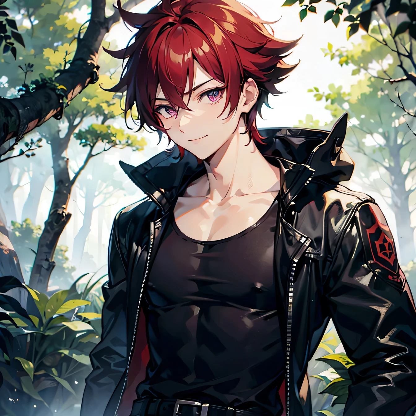 Anime art style,highest quality,High resolution,Anatomically correct,One Man,Twenty generations,Dark red hair,Purple Eyes,Super detailed,Fantasy-style world,Focus on the upper body,Spiky Hair,Spiked Hair,Strong physique,Short black jacket,Plain red tank top,Black trousers,wild atmosphere,Confident々Smile,in the forest,Leaning on a tree,8K