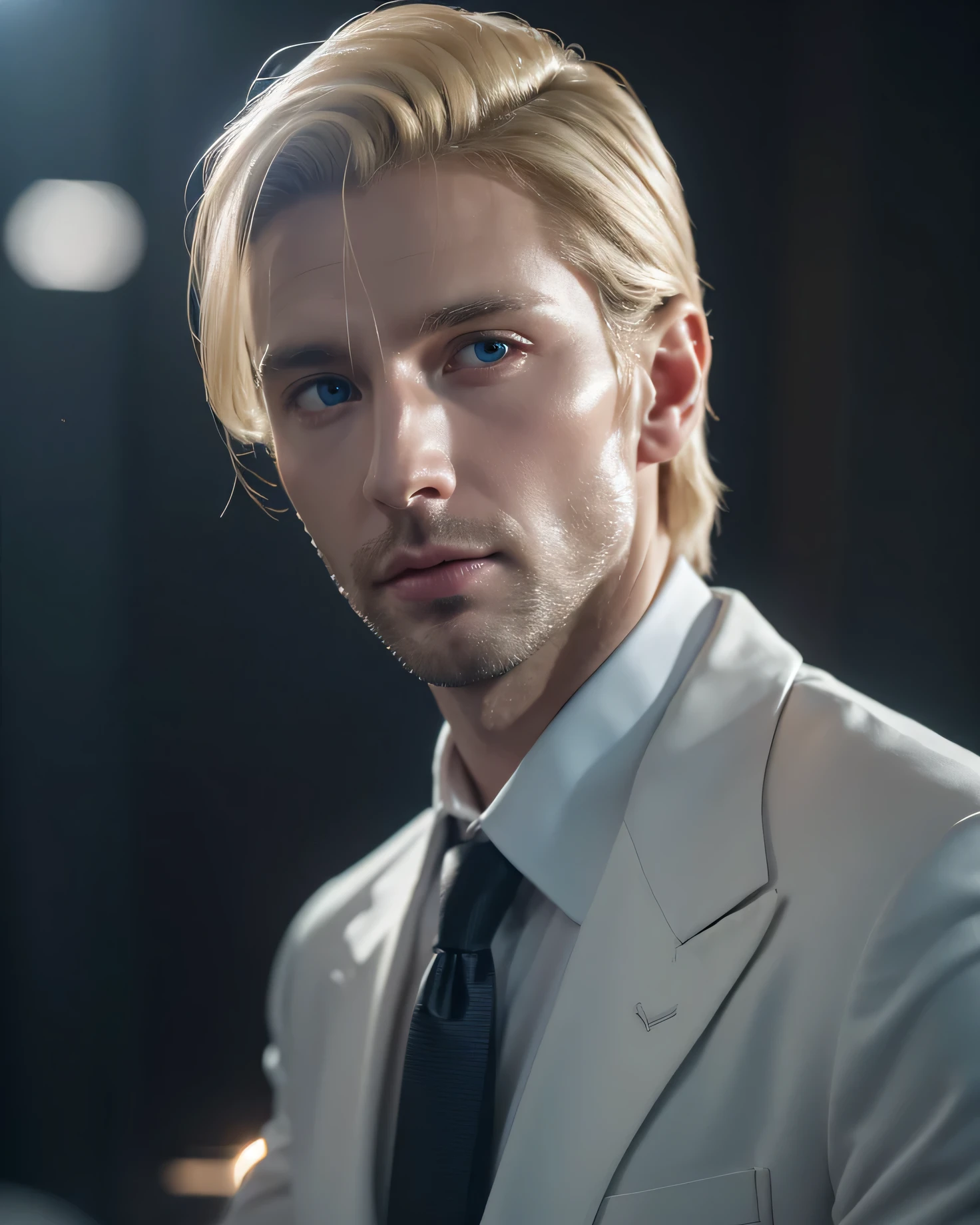 ((1male, solo, male_focus), CEO, medium blonde hair, hair pushed back, handsome face, full_body, high corporation, pale skin, Italian descend, mature, ((34 years old)), ice blue eyes, handsome, formal_attire) (High-Definition, Sunlight:0.5, Soft_Shadows:0.5, Atmospheric_lighting, 8k, 4k, hyper-realistic, elegant, ((((cinematic appearance)))), soft tones, soft cinematic lights) ((portrait))