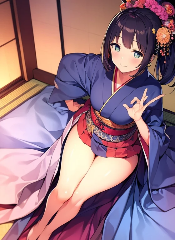 ((masterpiece)), ((best quality)), (ultra-detailed), anime style, on the bed, a cute girl, 1girl, solo, kimono, japanese cloth, ((beautiful eyes)), smile,