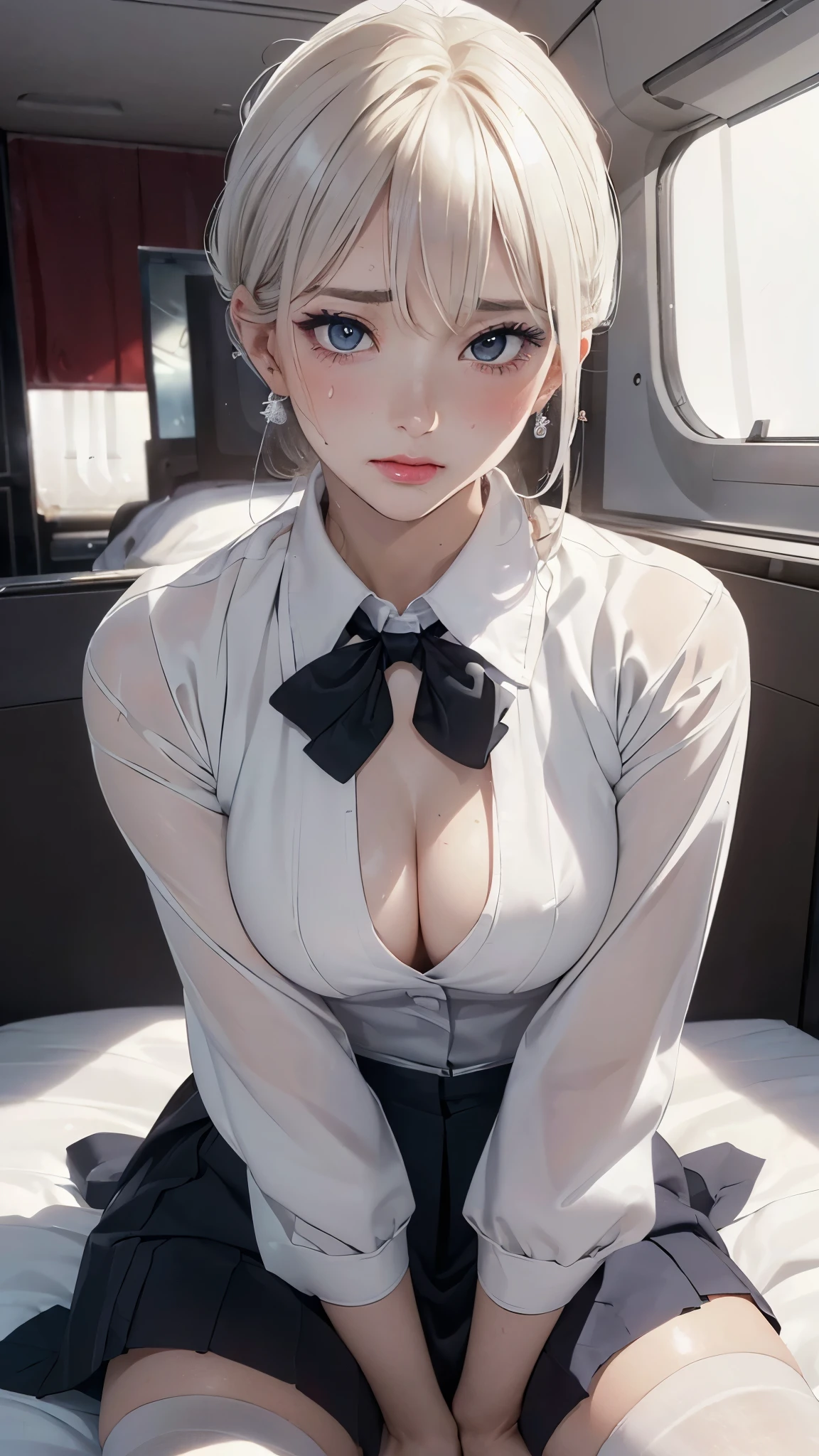 (masterpiece: 1.3), (Maximum resolution: 1.2), (Ultra HDTV: 1.2), Cinematic Light, 8K resolution, Detailed facial features , (Sharp focus: 1.2), (Focus on the face:1.2),Perfect Style, Beautiful Face, Acura, Anatomically correct, Highly detailed face and skin texture, Beautiful Eyes,Beautiful Eyes, Thin eyebrows, Glitter Eyeliner: 1 Natural Cheeks, Glowing Skin, Fair skin: 1.2, (Glossy Lips: 1.4),、 (Embarrassed look: 1.2),Highly detailed face and skin texture, Natural Cheeks, , Glossy Lips: 1.4,Perfect Style、Cleavage、Soft Breasts、(White mucus on chest:1.4)(White mucus on thighs:1.2)、 blush、A humiliating look、Anxious expression、A look of humiliation、Embarrassed expression、Glare、anger、sorrow、tears、Open your knees、Spread your legs、 White underwear、White bra、Sparkly little earrings and necklace、Disheveled clothes、White panties、sweating、Thin underwear、stockings、28 years old, A clean-cut woman,1 person、 Upward-facing chest, first class cabin、On the bed、(On my back, ベッドにLying down, ベッドにLying downいる, Lying down, White sheets:1.3)、Black Hair、blonde、Silver Hair、Blue-gray eyes、Green Ash Eye,(Stewardess Uniform:1.4)、