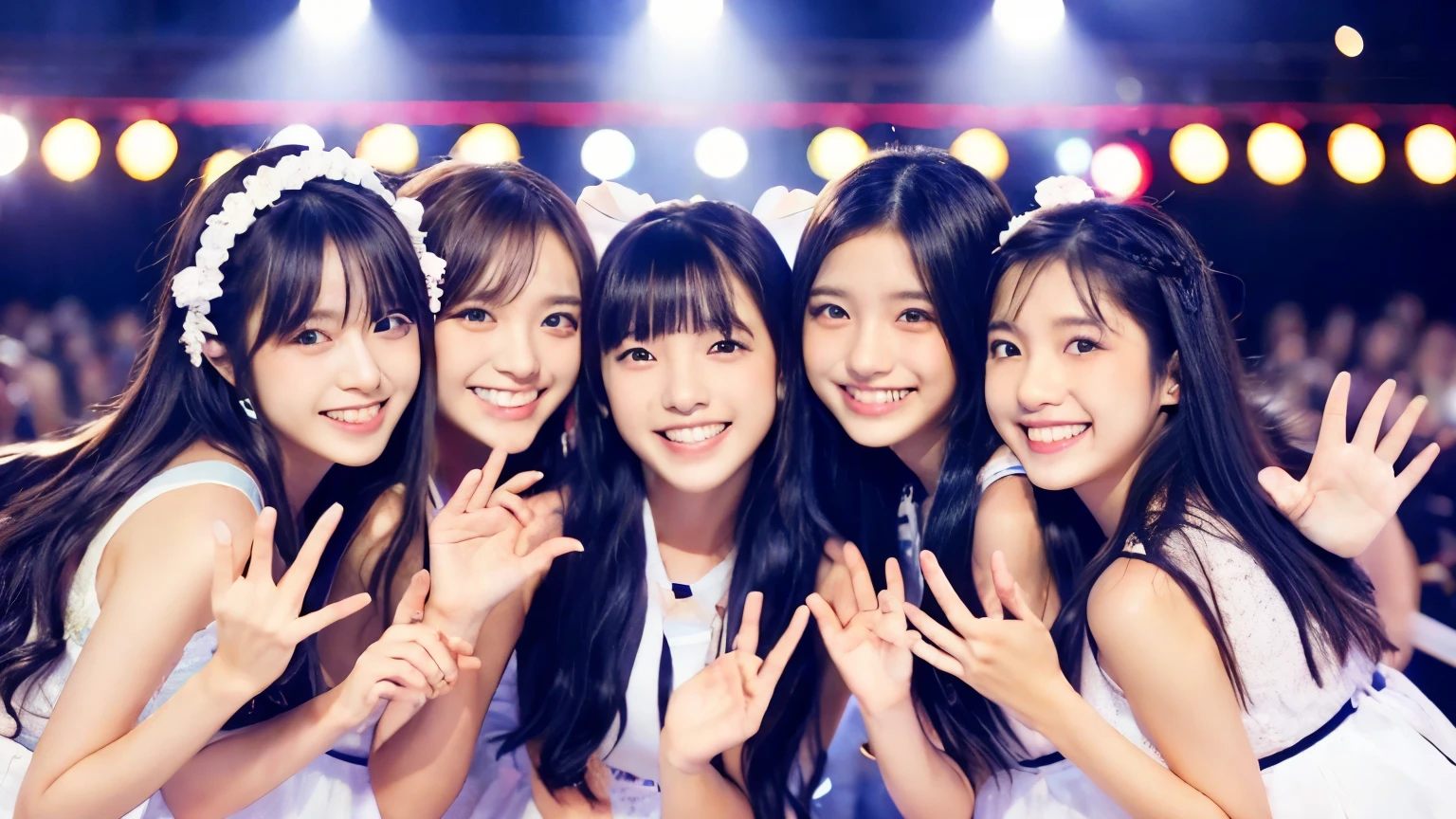 Japanese, Group shot, Japan idol singers, Multiple Girls, Sparkling eyes, Big eyes, Full body photo, happiness, cute, cute, Dreamy atmosphere, Bright atmosphere, fun, Long Hair, stand, Waving to the camera, smile, Black Hair, Fair skin, slim, Background Photos, Concert Venues, mysterious 