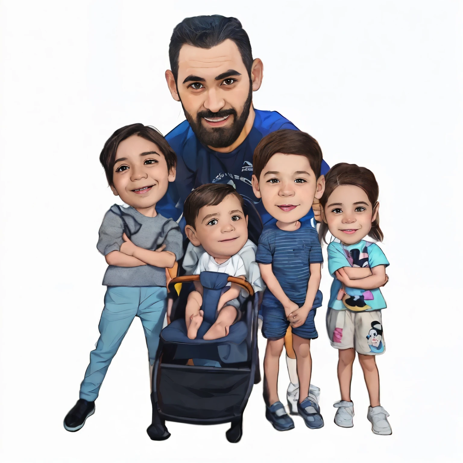 A family of 5 poses for a portrait with a strong man standing behind his 4 children(Gender from left to right: female, male, male, female), all smiling and looking at the camera. The adult male has a beard and is wearing a Sleeveless blue basketball jersey, He is a professional basketball player from Saudi Arabia, He put his arms around his children. The children range from , dressed in casual clothing. The backdrop is plain white, emphasizing the family's joyful gathering. 1.(girl) The daughter on the first left has her hands crossed on her chest, showing a confident smile.2.(boy) The second on the left is a little boy sitting in a blaoller, showing a cute smile.3.(boy) The boy on the third puts his hands together and hangs down naturally, showing a smile.4.(girl) The fourth daughter from the right also crossed her hands on her chest and showed a happy smile.The scene is filled with the colors and vibrancy of American anime style, artistically inspired