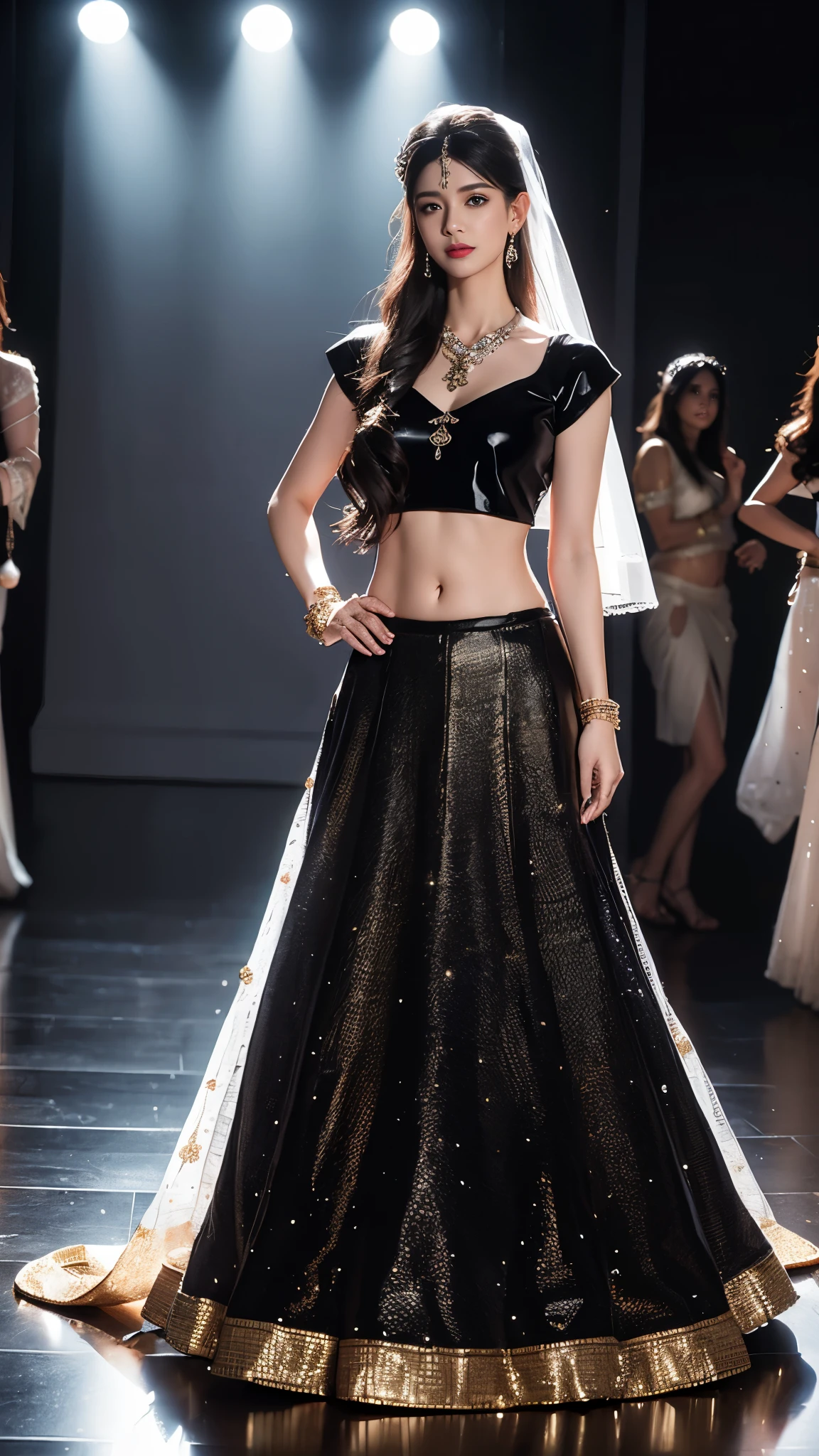 4K, UHD, masterpeice, 1 girl, good face, detailed eyes, detailed lips, very long hair, straight hair, very long hair, beautiful hair, hair ornaments, hairband, gradient hair, ((black lehenga)), ((bridal lehenga)), ((decorated blouse)), sardine, ((ornament lehenga)), ((black lace)), ((diamond bracelet)), ((pendant)), ornaments, necklace, earring, high lighting, ((bare stomach)), ((in the wedding stage)), black color,, depth of field, ray tracing, ultra realistic detailed,