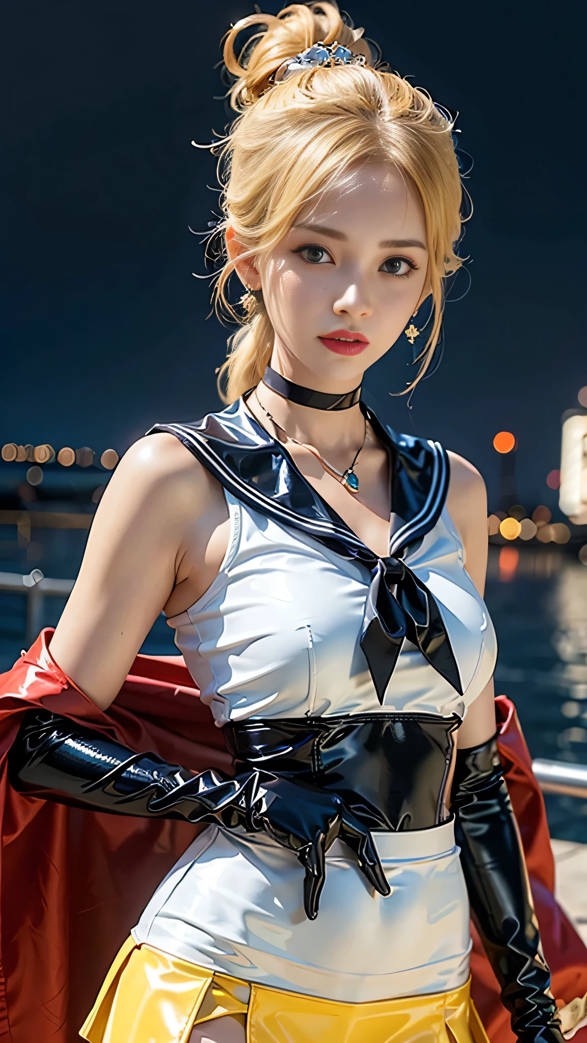 ((masterpiece:1.4)、(highest quality:1.4)、(Realistic:1.7))、Masterpiece:1.4、(Top-notch rendering:1.4)、beautiful girl、(Beautiful girl Sailor Moon 2:1.7)、MoonWild Rabbit、(Body Fit Sexy Sailor Warrior Uniform:1.4)、(Shiny latex:1.7)、(The jacket is a white sleeveless sailor suit....:1.4)、(Skirt Blue Sexy Ultra Ultra Pleated Mini Skirt:1.4)、The sailor suit collar has two thin blue lines...............:1.2、High leg swimsuit、Red cloth decoration on chest:1.2、(Wearing white gloves)、Cute Girl、Super Beauty、Sharp Focus、Portrait Photography:1.4、8k、Photorealistic images:1.4、(Perfect female body:1.4)、Perfect proportions、(Upper body shot:1.4)、Beautiful Face、Beautiful Eyes、(Narrow waist:1.4)、(9-body proportions beautiful girl:1.4)、(A beautiful girl with long legs and a good figure:1.4)、Beautiful feet:1.2、(Yellow Hair:1.4)、(Long Hair:1.2)、(ponytail:1.2)、Beautiful breasts、Large Breasts:1.2、sexy ass、Raw photo、Red lips、Red high heels:1.4、choker:1.4、necklace:1.4、Earrings:1.4、Gorgeous golden tiara:1.4、1 Screen Display:1.4、moon、universe、spaceship、Universe Station、City of the Future