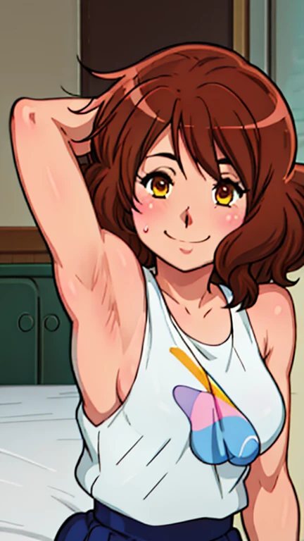 masterpiece, best quality, looking at viewer, upper body, portrait, looking at viewer, seductive smile, put your hands behind your head, armpits, armpits visible, sweaty armpits, kumiko, very small breasts, brown hairwearing tanktop, no bra, sleeping on bed