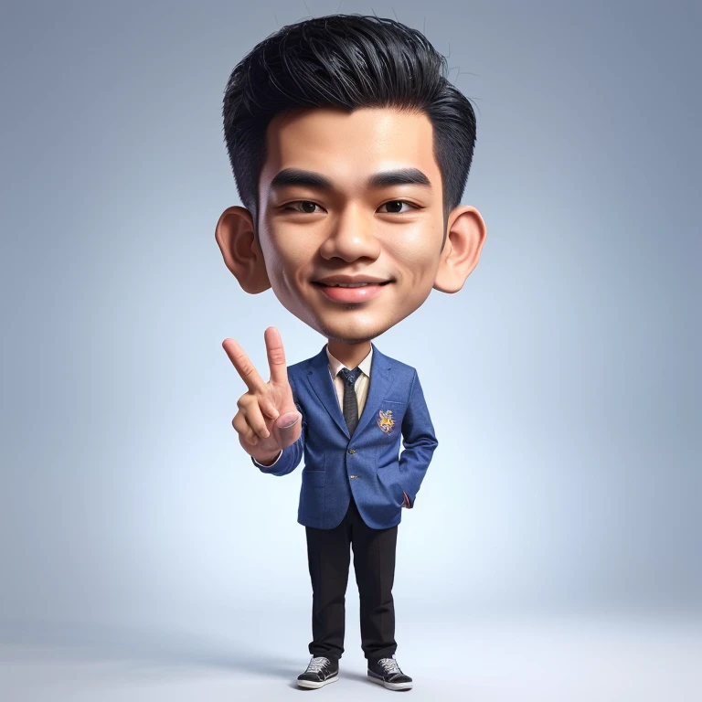 caricature drawing, young Indonesian man with big head, wearing student coat, standing, two fingers pose, studio background, 3d, realistic
