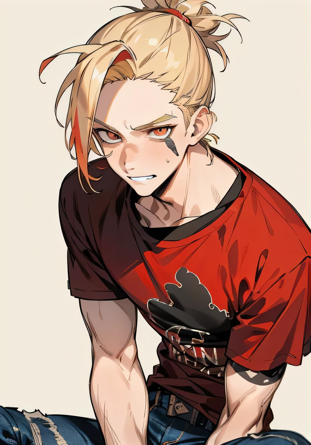 1BOY, handsome boy, finely detailed, (best quality), (intricate details), hot style, apocalypse style, dystopian style, multicolored, ((blonde hair in man bun)), best quality, ((messy t-shirt and jeans)), ((red clothes)), ((round eyes)), flirty look, cute face, mysterious look, smirk, perfect face, simple background portrait