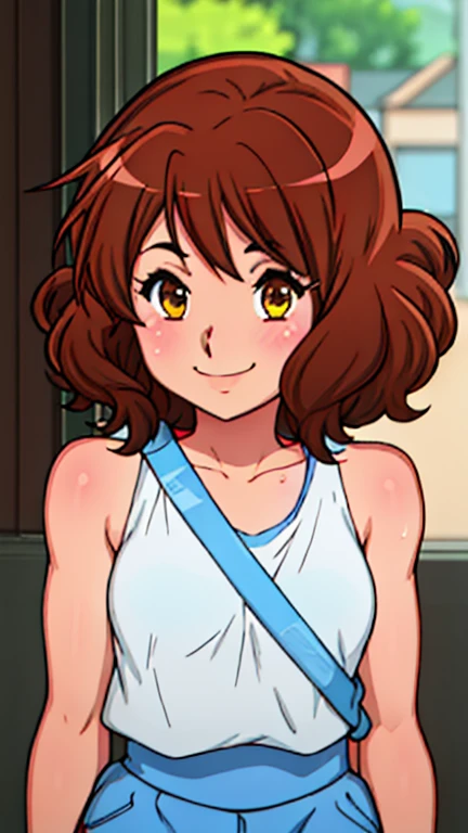 masterpiece, best quality, looking at viewer, upper body, portrait, looking at viewer, seductive smile, put your hands behind your head, armpits, armpits visible, sweaty armpits, kumiko, very small breasts, brown hair, wearing tanktop, no bra