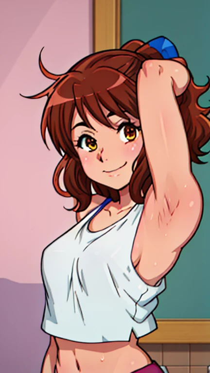 masterpiece, best quality, looking at viewer, upper body, portrait, looking at viewer, seductive smile, put your hands behind your head, armpits, armpits visible, sweaty armpits, kumiko, very small breasts, brown hairwearing tanktop, no bra, sleeping on bed