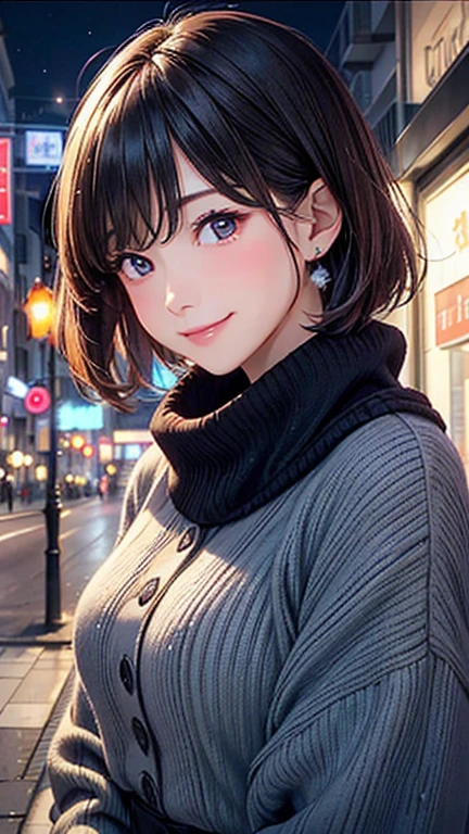 (Close-up of a woman)、Depiction of the upper body、30-year-old woman、smile、short hair、Blushing、(slightly open your lipasterpiece、High resolution、16k))、Cute winter clothes、Late night love hotel district、neon