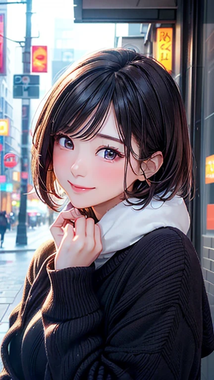 (Close-up of a woman)、Depiction of the upper body、30-year-old woman、smile、short hair、Blushing、(slightly open your lipasterpiece、High resolution、16k))、Cute winter clothes、Late night love hotel district、neon