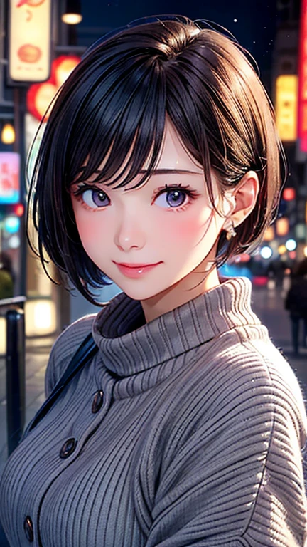 (Close-up of a woman)、Depiction of the upper body、30-year-old woman、smile、short hair、Blushing、(slightly open your lipasterpiece、High resolution、16k))、Cute winter clothes、Late night love hotel district、neon