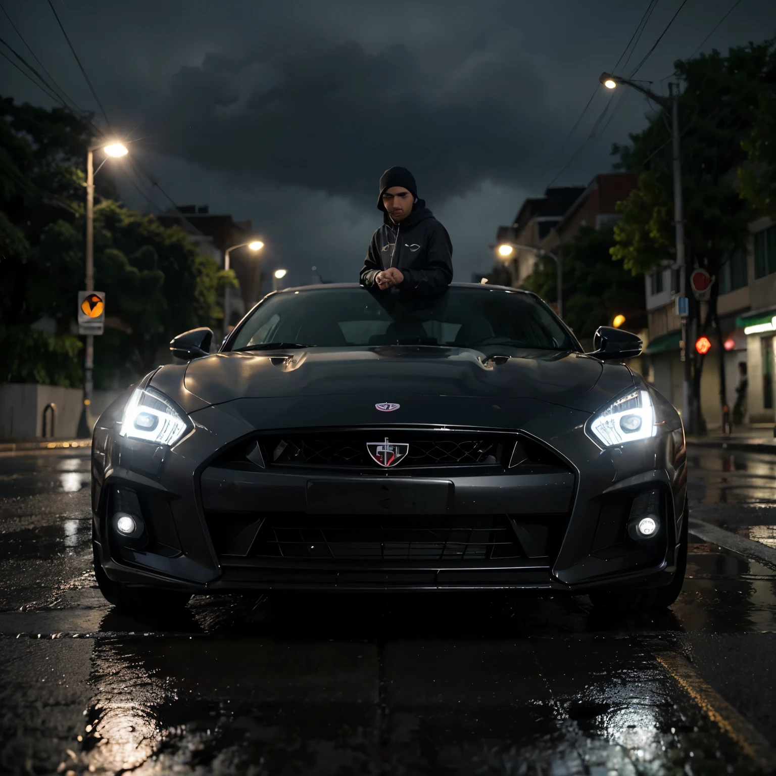 Descreva a cena de um jovem com capuz, vestindo um moletom preto e jeans, standing on the sidewalk on a rainy night. He is looking at a shiny GTR R35 car passing on the road., Your admiration visible in your eyes. The light from the headlights reflects on the puddles of water around you, enquanto a chuva cai suavemente sobre ele. O som do motor potente ecoa no ar, misturando-se ao som da chuva. The boy remains motionless, captured by the elegance and speed of the car, dreaming of the day when you can be behind the wheel of such an impressive machine.