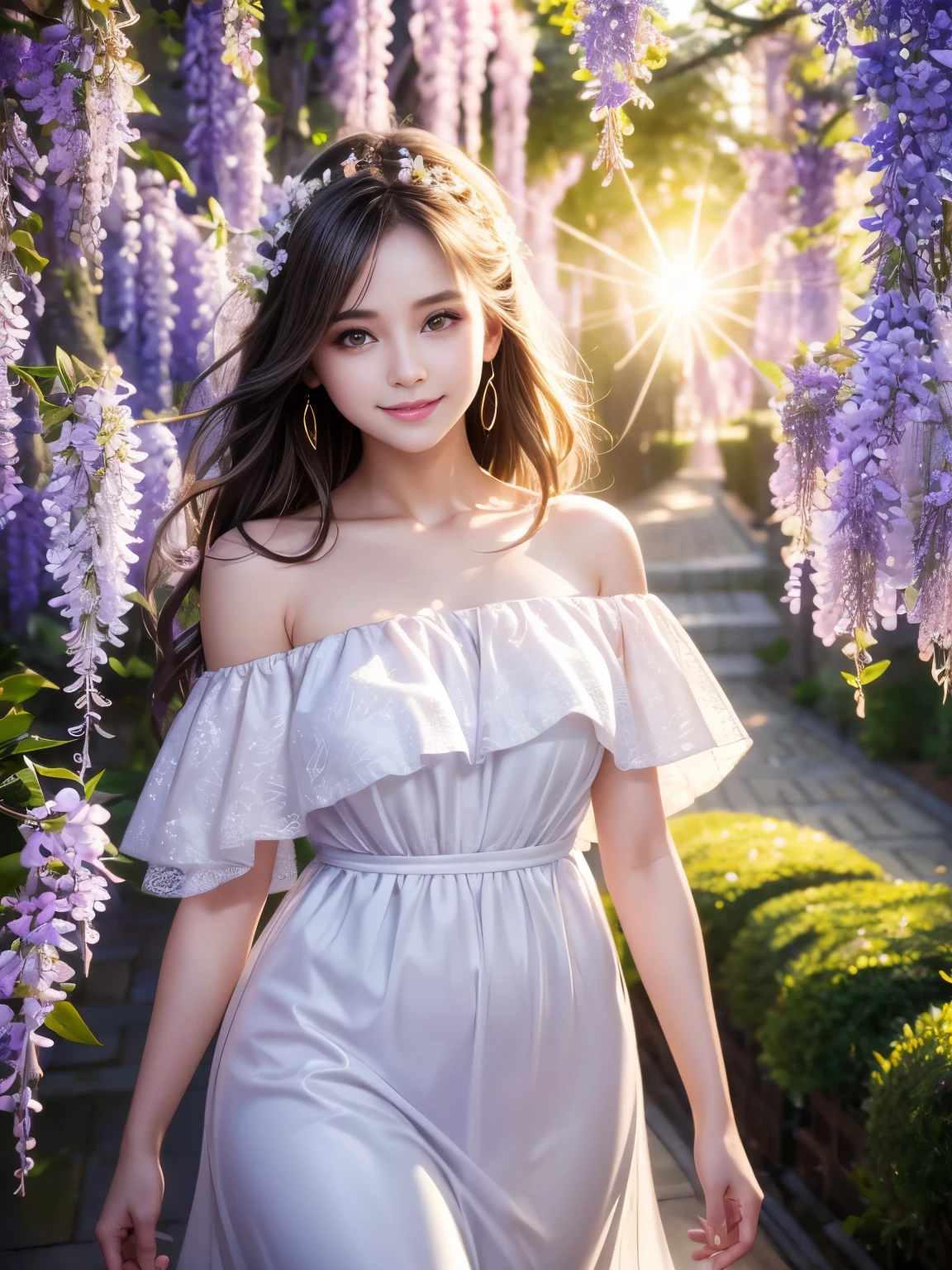 One girl,Bright eyes,Off the shoulder,A light smile,Shiny skin、highest quality,masterpiece,(Realistic:1.4),8K Raw Photo:1.5、Walking among the wisteria trellises,Bright wisteria flowers、Sunshine、Lens flare,Duty Filter,Soft images、