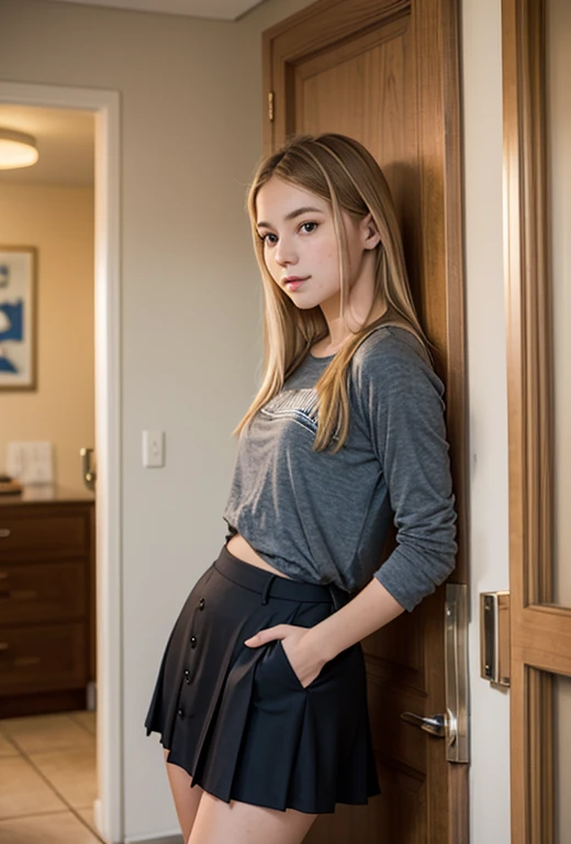 A blonde high school girl standing in front of the apartment door