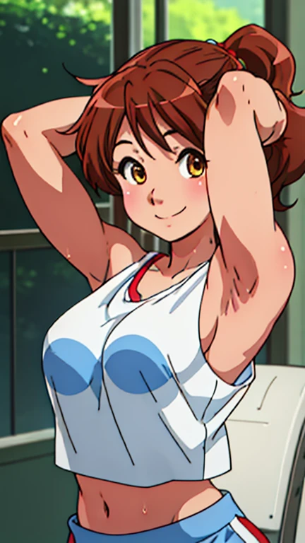 masterpiece, best quality, looking at viewer, upper body, portrait, looking at viewer, seductive smile, put your hands behind your head, armpits, armpits visible, sweaty armpits, kumiko, very small breasts, brown hair, wearing tanktop, no bra