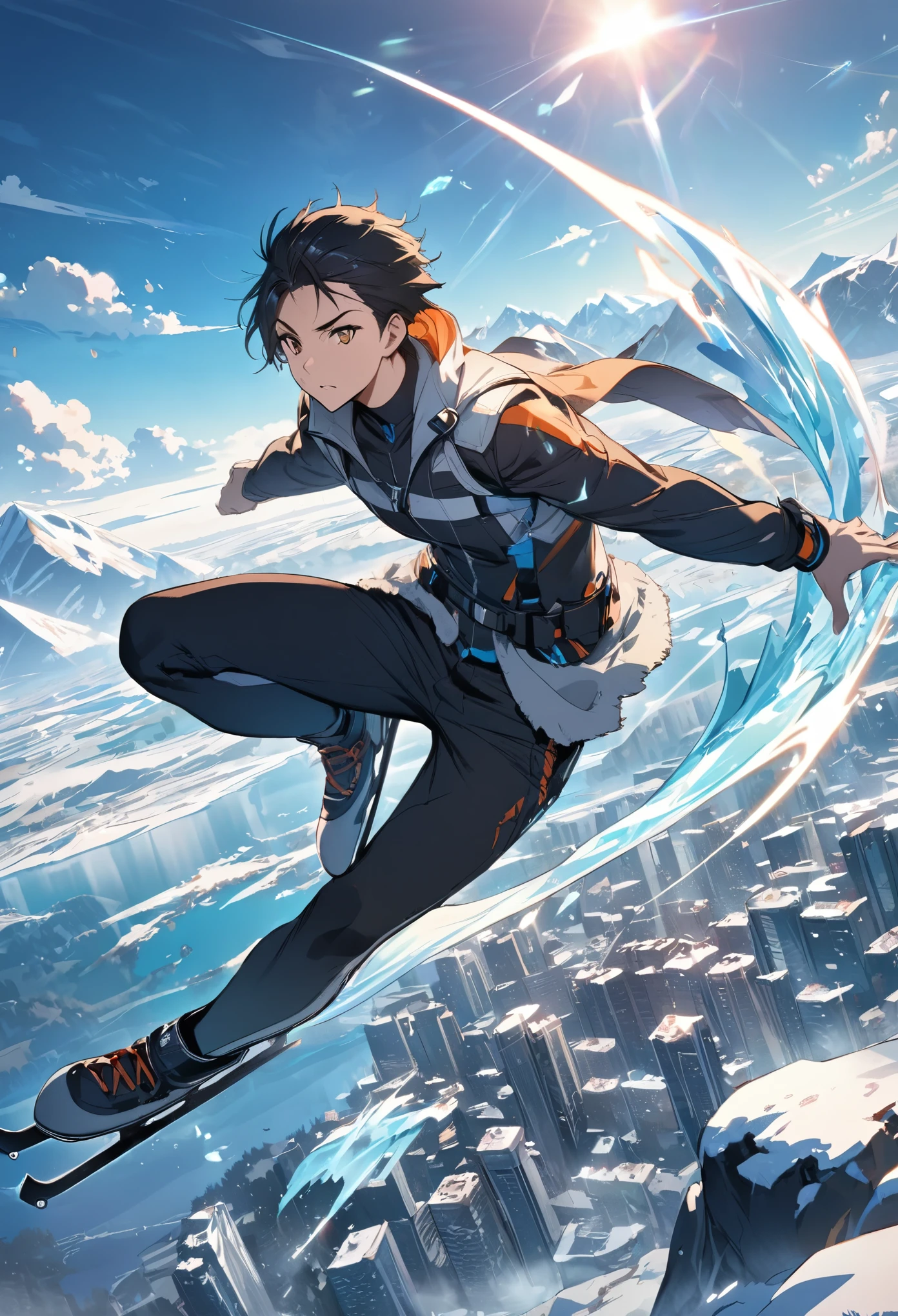 a man (black hair, brown eyes), wearing ice skates, BREAK no other humans, scenic, masterpiece, best quality, Illustration, BREAK daylight (clouds and sunlight), cityscape with tall buildings, ice lake, BREAK gliding on ice