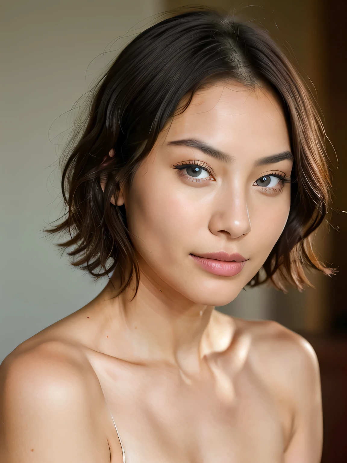 beautiful chinese woman, very detailed, 25 years, short hair, natural wavy, blue eyes, super model face, childish face, sad face, beautiful face, thin nose, thin face, nude breast exposed , small breast, well detailed natural breast , focus on breast,,, high resolution, masterpiece, best quality, intricate details, highly detailed, sharp focus, detailed skin, realistic skin texture, texture, professional, 4k, charming smile, shot on Canon, 85mm, shallow depth of field, kodak vision color, ,extremely detailed, foto_\(ultra\), photorealistic, realistic, post-processing, maximum detail, roughness, real life, ultra realistic, photorealism, photography, 8k uhd, photography