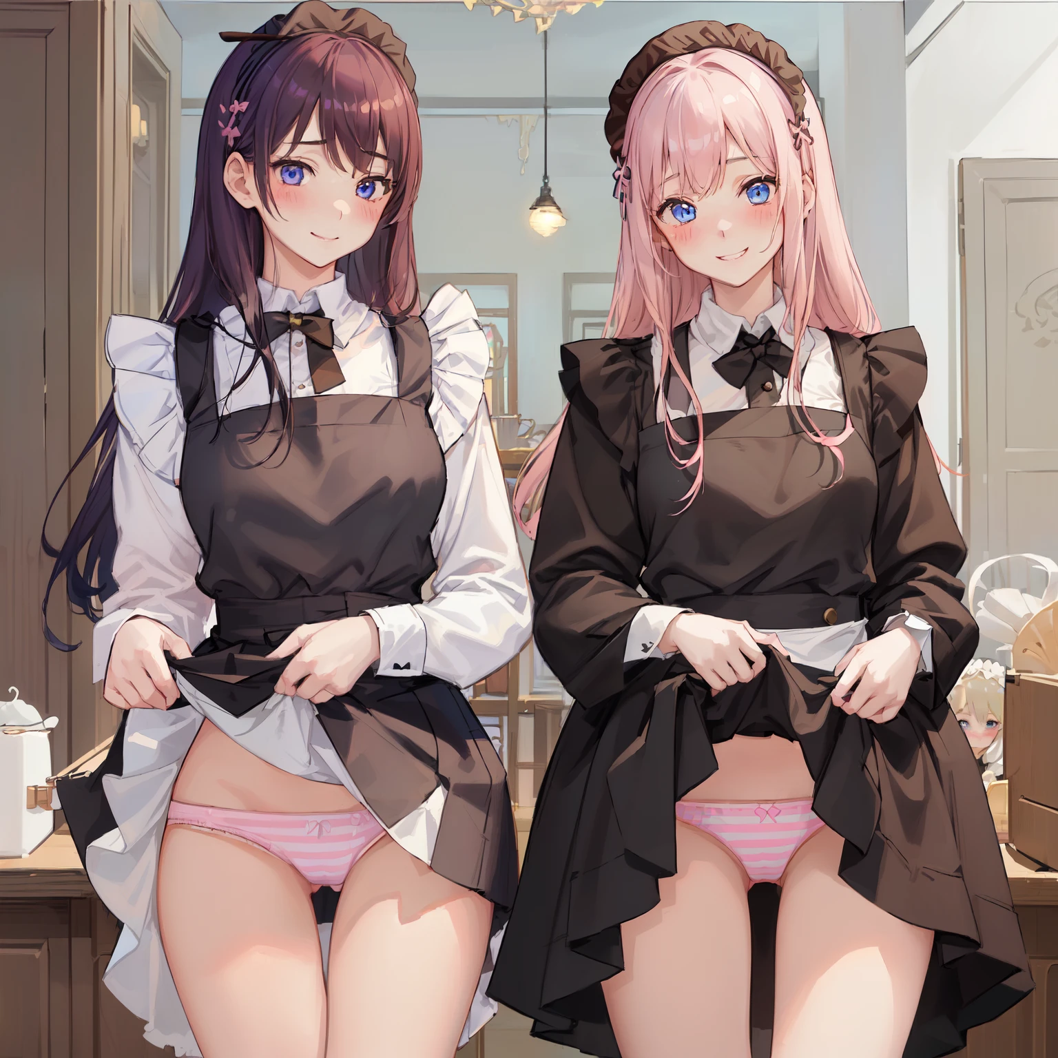highest quality、masterpiece、((2 girls:1.5))、((smile:1.3))、(blush:1.3)、Black Shirt、blouse、((fun!!))、(Small breasts)、()、Blonde、(Long sleeve)、((White apron:1.5))、((Maid))、((hair ornaments)),、Kamimei、look at me、 ((in house:1.5))、 Taking a break from watching the audience、Cowboy Shot、(Skirt lift:1.3),(Highly detailed pink striped panties:1.3)、(Highly detailed panties:1.3)、、(スカート that rolls up:1.3)、(Panties fully exposed:1.5)、Light blue eyes、long hair、Glowing Eyes