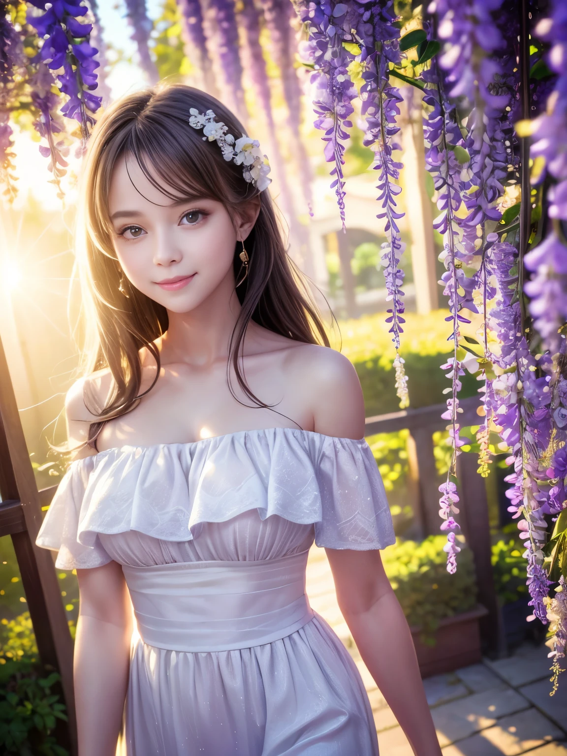 One girl,Bright eyes,Off the shoulder,A light smile,Shiny skin、highest quality,masterpiece,(Realistic:1.4),8K Raw Photo:1.5、Walking among the wisteria trellises,Bright wisteria flowers、Sunshine、Lens flare,Duty Filter,Soft images、