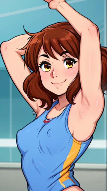 masterpiece, best quality, looking at viewer, upper body, portrait, looking at viewer, seductive smile, put your hands behind your head, armpits, armpits visible, sweaty armpits, kumiko, very small breasts, brown hair, wearing marching band outfit, no bra