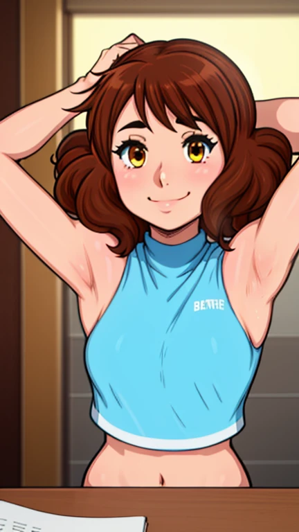 masterpiece, best quality, looking at viewer, upper body, portrait, looking at viewer, seductive smile, put your hands behind your head, armpits, armpits visible, sweaty armpits, kumiko, very small breasts, brown hair, wearing marching band outfit, no bra