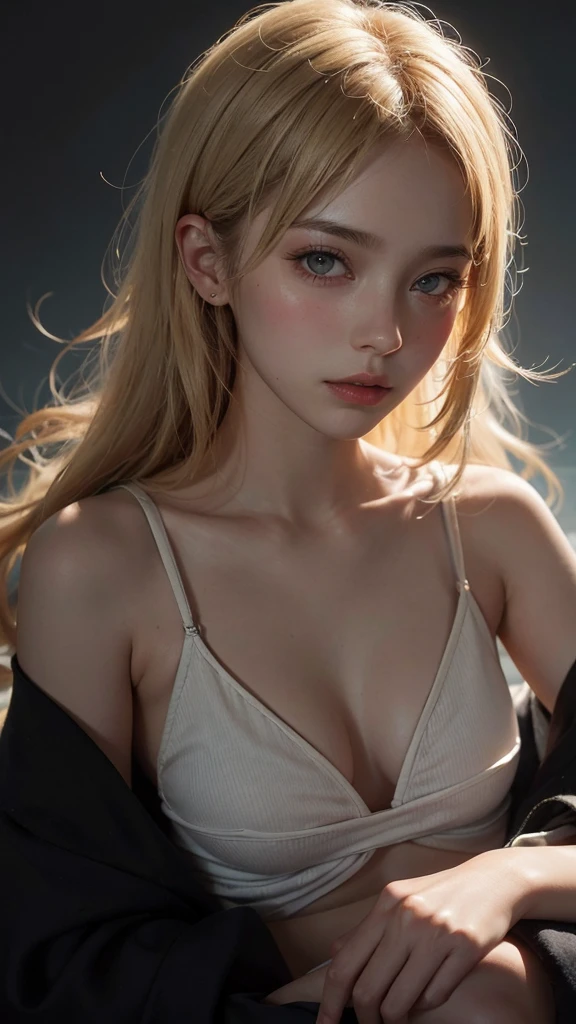 20 year old woman, Blonde, (Hyperfade:1.3), Dark theme, soothing color tones, muted colors, high contrast, (The skin texture is natural., Surreal, soft light, sharp)