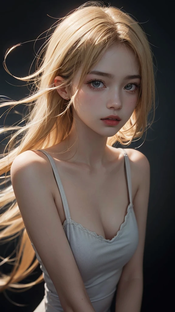 20 year old woman, Blonde, (Hyperfade:1.3), Dark theme, soothing color tones, muted colors, high contrast, (The skin texture is natural., Surreal, soft light, sharp)